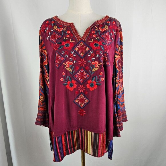 John Mark Top Large Boho Embroidered Floral Burgundy Artsy - Picture 1 of 12